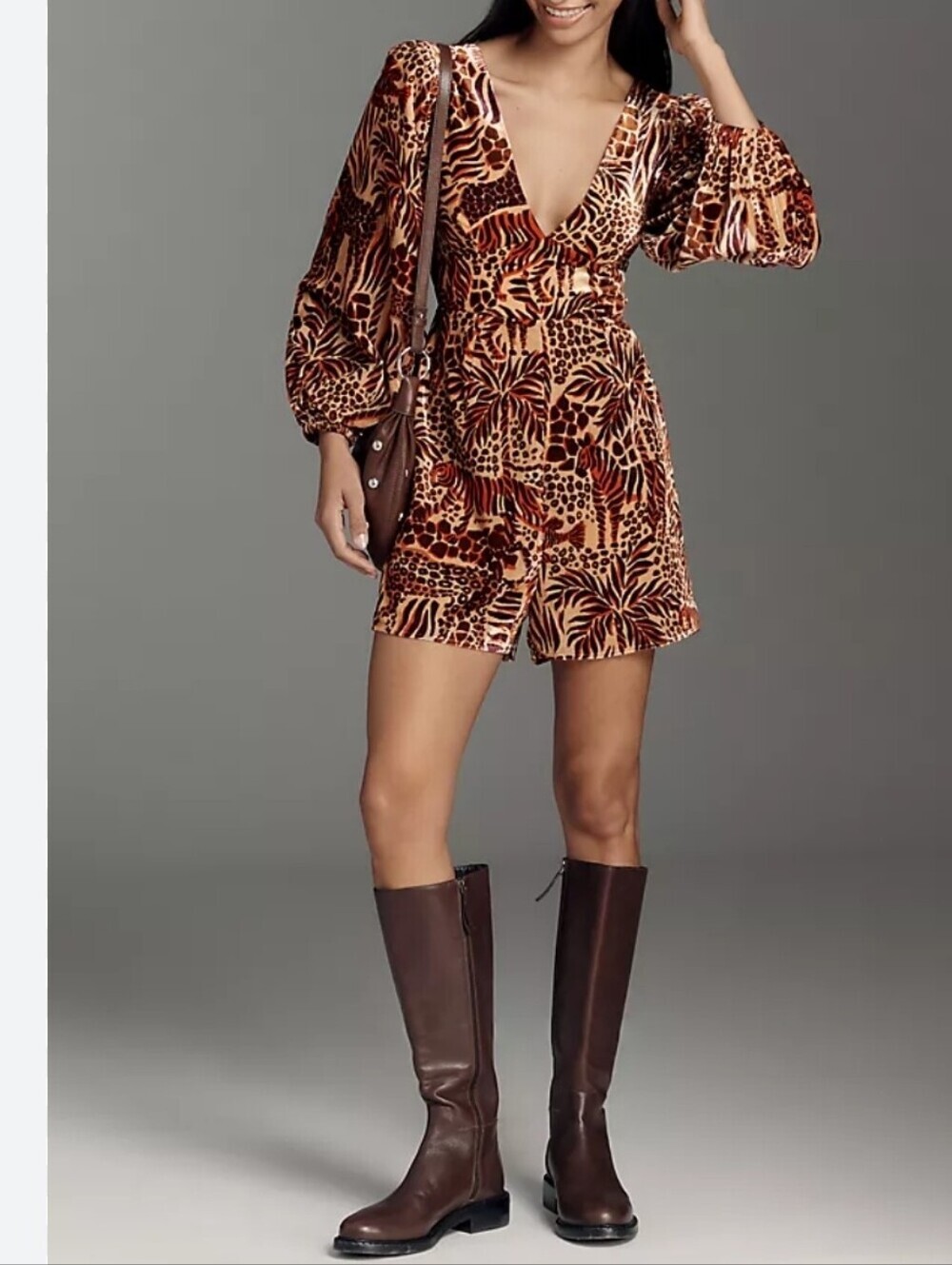 Farm Rio x Anthropologie Long-Sleeve Printed Romper Safari Size S